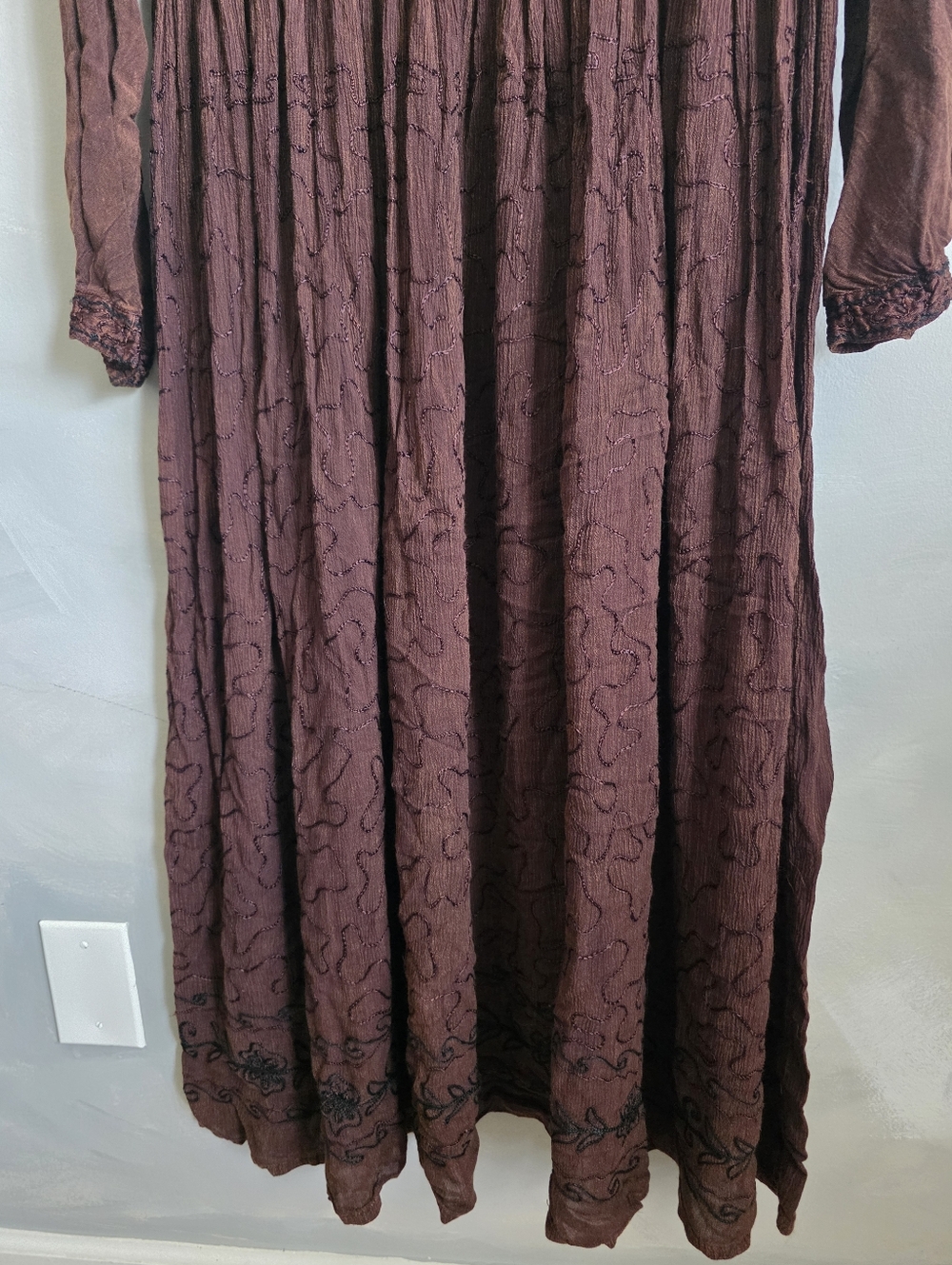 Vtg 100% Rayon Brown Embroidered Short Sleeve Jacket Long Maxi Dress Sz L Goblin